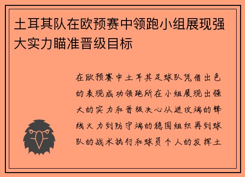 土耳其队在欧预赛中领跑小组展现强大实力瞄准晋级目标