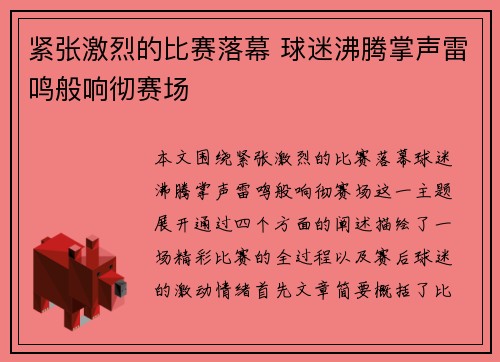 紧张激烈的比赛落幕 球迷沸腾掌声雷鸣般响彻赛场